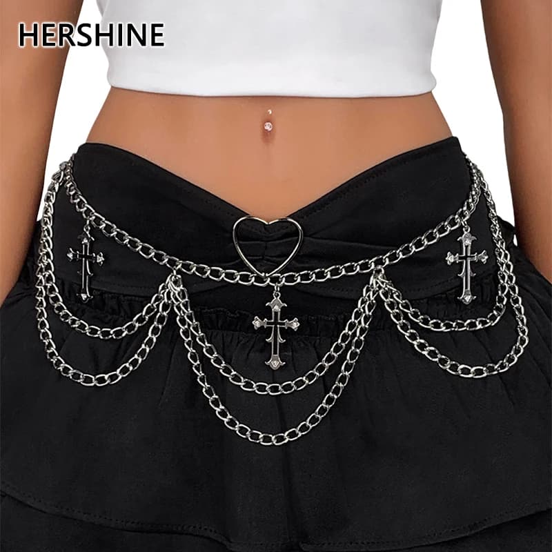HERSHINE Women's Silver Three-Layer Cross Chain Waist Chain, Y2K Gothic Punk Harajuku Style Rock Hip Hop Accessory,spring,summer