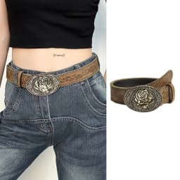 〔Funny〕Vintage Carved Buckle PU Wide Belts Boho Brown Embossed Waistband Western Jeans Pants Belt