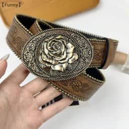 〔Funny〕Vintage Carved Buckle PU Wide Belts Boho Brown Embossed Waistband Western Jeans Pants Belt