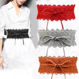 Women Bow Lace Wide Girdle Corset PU Leather Belt Red Black White Gray Wine Wedding Dress Skirt Decorative Waistband