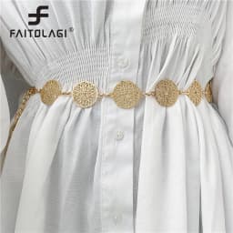 Elegant Round Metal Belt For Women Retro Gold Silver Carved Hollow Out Chain Long Belts Fashion Dress Decorative Lady Waistband