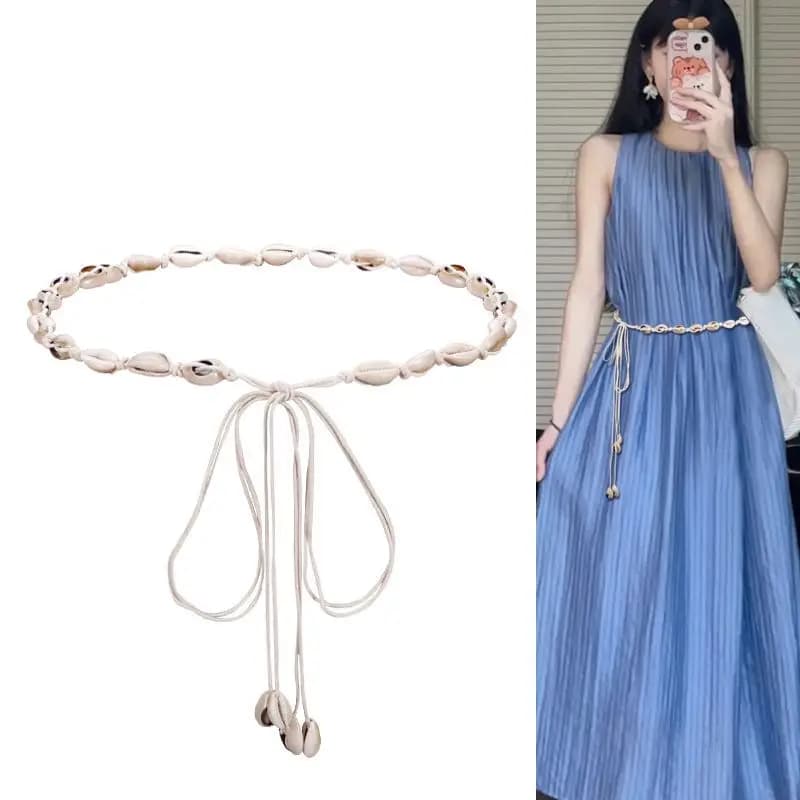 White Shell Thin Waist Belt for Women Bohemian Ethnic Style Woven Waistband Ropes Lady Dress Decorative Straps Summer Accessory