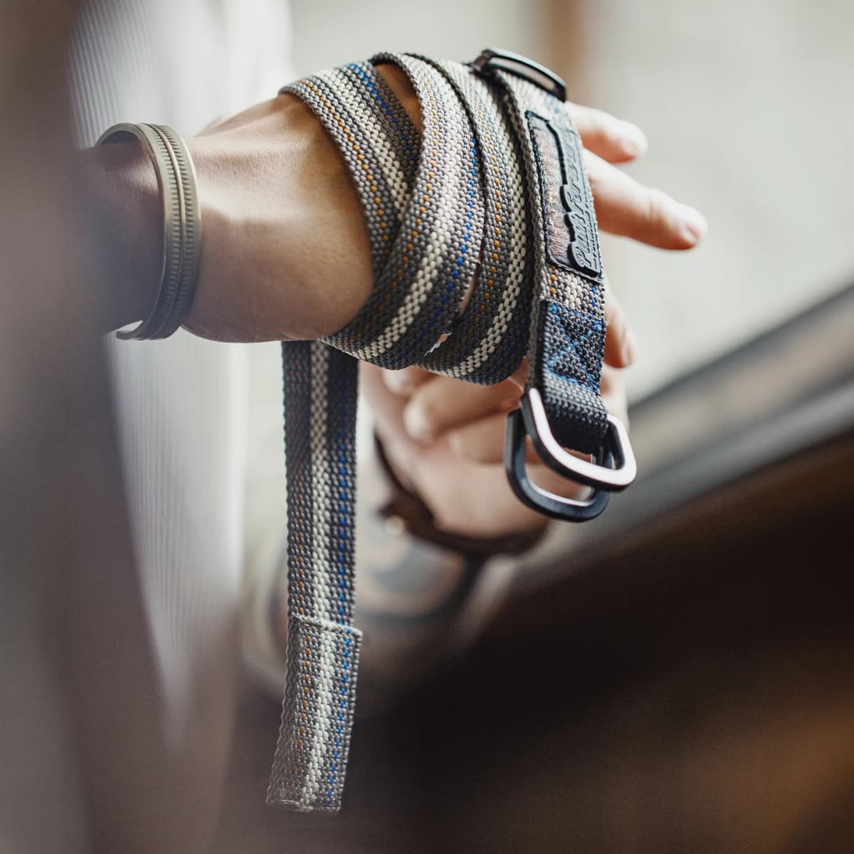MADEN Woven Nylon Web Belt Men American Vintage No Holes Automatic Buckle Canvas-feel Thin Casual Outdoor Adjustable Waist Belt