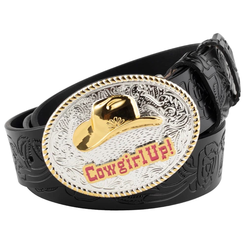 Female Cowboy Up Casual Buckle Golden Rose Flower Embossed Leather Belt Youth Decoration