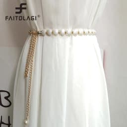 New Elegant Pearl Women Chain Belt Fashion Shell Metal Lady Waist Belts Thin Slim Dress Long Waistbands Straps Banquet Wedding