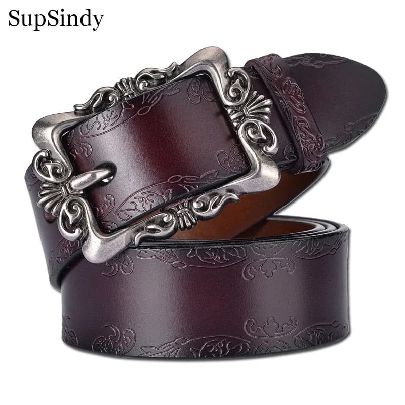 SupSindy Women Genuine Leather Belt Cowskin Casual Punk Luxury Brand Designer Belts For Women Jeans Waistband Female Black Strap
