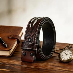 Handmade Leather Dress Belt - Retro Embossed Feather Design, Brown, Adjustable Fit for Business & Casual Wear