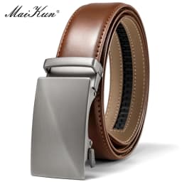 Maikun Brown Leather Ratchet Belts for Men Quick Release and Trim to Fit Length Width 1 3/8"