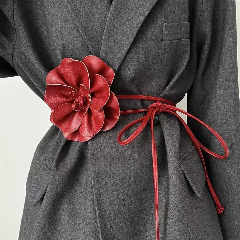 Trendy Bohemian PU Leather Waist Belt Large Flower Tie Wrap Sash with Bow for Dress Decoration Ladies Black Straps ремень