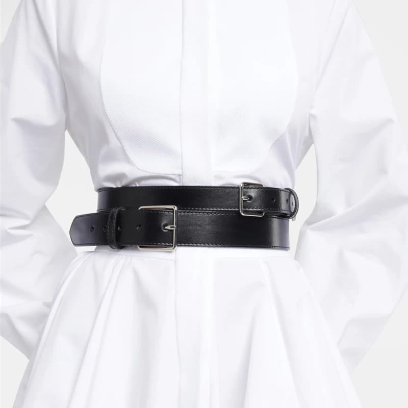 Double Needle Silver Buckle Cowhide Waist Seal, Women's Leather Wide Design Waist Belt, Black 6cm Width Coat Belt