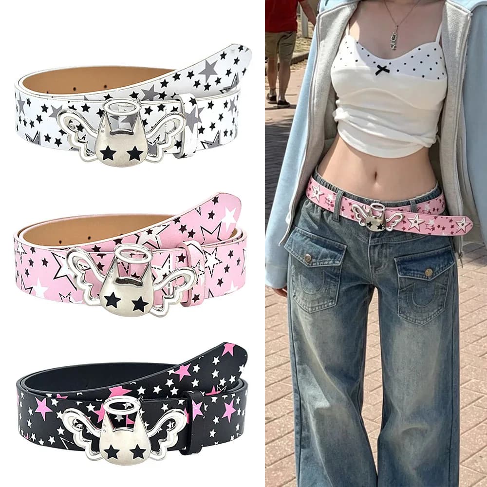Y2k Star Women's Belt Dopamine Cat Metal Pin Buckle Waist Belt Gothic Pink PU Leather Jeans Belt Trendy Y2k Waistband