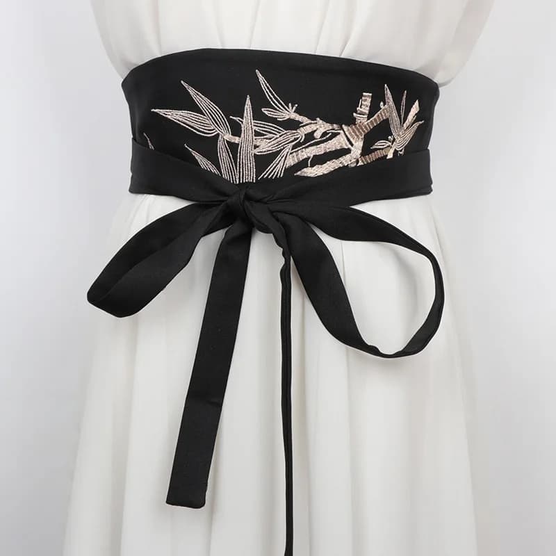 Chinese Han Dynasty Hanfu Clothing Waistband with Tassels Wide Tie Belt with Bamboo Embroidery