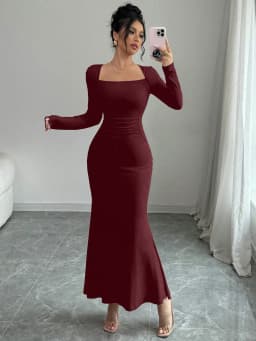 Women's Four Seasons New Style Women's Elegant Temperament Retro Solid Color Square Collar Long Sleeve Dress