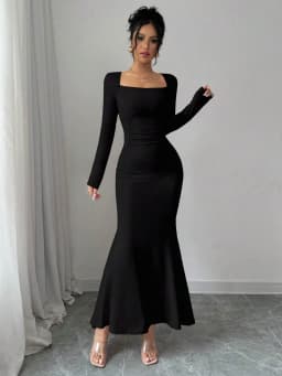 Women's Four Seasons New Style Women's Elegant Temperament Retro Solid Color Square Collar Long Sleeve Dress
