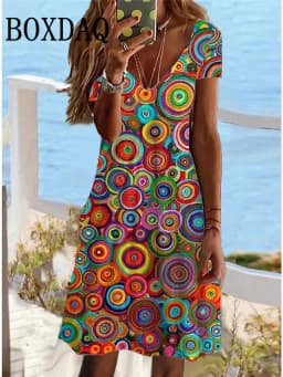 2025 Retro Women Dresses Ethnic Style Floral Print Loose Midi Dress Plus Size Casual Short Sleeve Pullover V-Neck Dress Sundress