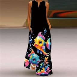 Summer Women's Artistic Retro Sleeveless V-neck Pullover Print Sexy Dress Long Skirt Women's Loose Waist Oversized Swing Skirt