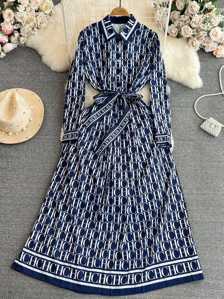 Elegant A-Line Printed Shirt Dress Long Sleeve Turn-down Collar Slimming Waist High Waist Korean Style Spring Autumn Dress