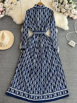 Elegant A-Line Printed Shirt Dress Long Sleeve Turn-down Collar Slimming Waist High Waist Korean Style Spring Autumn Dress