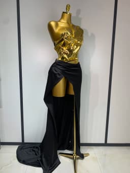 2025 New Arrival Women Gold Color Sexy Laced-up Tops 2 Pieces Set Long Dress Celebrate Evening Party Celebrity Elegant Dress
