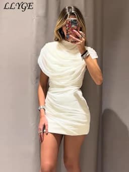 Elegant Mesh Shawl Short Dress Women Pleated Half High Collar Sleeveless Female Dresses 2026 Spring Lady Chic Party Gowns New
