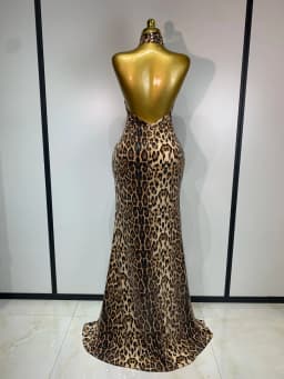 Women Sexy Sleeveless Halter Backless Leopard Sequin Mermaid Maxi Long Dress Bodycon Evening Party Celebrity Elegant Dress