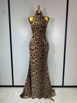 Women Sexy Sleeveless Halter Backless Leopard Sequin Mermaid Maxi Long Dress Bodycon Evening Party Celebrity Elegant Dress