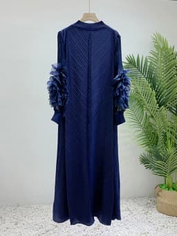 LANMREM Maxi Pleated Dress Round Neck Spliced Fungus Full Sleeve Dresses For Women 2025 New Spring Clothing 2Qa1331