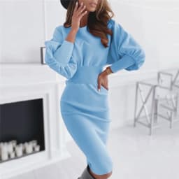 Women Elegant Office Lantern Sleeve Party Dresses Ladies O Neck Bodycon Dress Autumn Winter Solid Midi Dress 2024 Vestidos