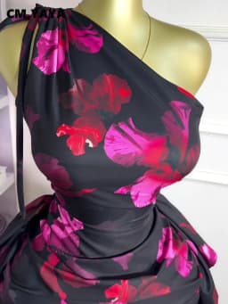 CM.YAYA Women Floral Printed One Shoulder Sleeveless Stacked Ruched Bodycon Midi Maxi Long Dress 2025 Sexy Party Evening Dresses