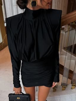 Women Black Pleated Shoulder Pad Dress Fashion Full Sleeve High Collar Slim Mini Dresses 2025 Lady Daily Commute Elegant Gowns