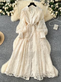 Spring Autumn French High-end Women's Dress New Lace Embroidery V-neck Lantern Sleeves Single Breasted Party Birthday Dress C192