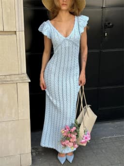 Tossy Ruffled Hollow Out Knit Long Dress Women V-Neck Fashion Patchwork See-Through Beach Holiday Dress Knitwear Female Dress