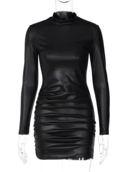 Sexy Imitation Leather Folds Slim Bodycon Dress Women Soild Color Long Sleeves Skinny Mini Dress Elegant Club Party Vestidos