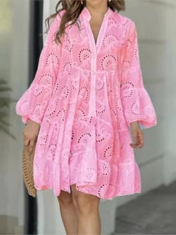 Customizable Summer Loose Vintage Solid Lace Dress Fashion V-neck Flare Sleeve Embroidery Dress