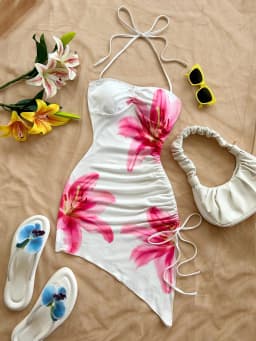 Women's Beach Vacation Graphic Floral Print Dress Asymmetric Hem Halter Neck Bow Bodycon Boho Short Dresses Streetwear 2025