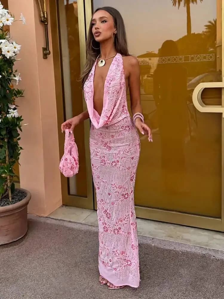 Avrilyaan Beaded Deep V Party Sexy Dresses Backless Bandage Bodycon Elegant Evening Long Dress Women 2024 Summer Dress Vestidos