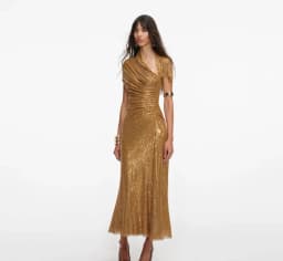 Summer 2025 Women's New Orange Short Sleeve Slim Fit Pleated Shiny Long Dress Elegant Fashionable Evening Party Dress