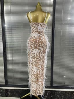 Luxury Women Sleeveless Sexy Strap Square Collar Shinning Beading Feathers Bodycon Long Dress Elegant Evening Party Wear