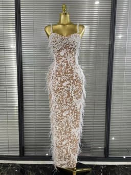 Luxury Women Sleeveless Sexy Strap Square Collar Shinning Beading Feathers Bodycon Long Dress Elegant Evening Party Wear