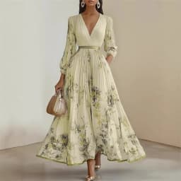 New Spring Summer Ladies Elegant Dress Sexy V-neck Print Long Sleeve Big Swing A-line Holiday Dress Women Maxi Dresses Clothing