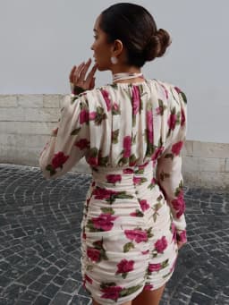 Casual Printed 3D Flower Dress Women Full Sleeve V-Neck Pleated Hip Package Lady Mini Dresses 2026 Summer Female Vacation Robe