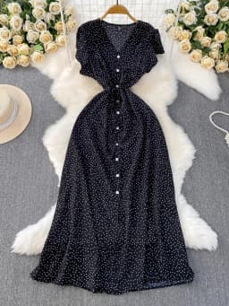 Summer Women Polka Dot Long Dress Vintage V-Neck Flying Sleeve High Waist Single Breasted A-Line Casual Vestidos Female Robe New