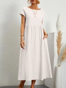 Customizable Fashion Solid Dress Women Cotton Linen O-Neck A-line Dress