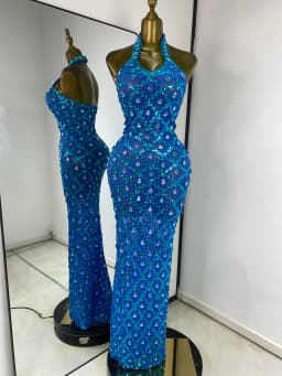 Women Luxury Prom Gowns Blue Sparkly Rhinestones Sequines Halter Backless Maxi Long Birthday Evening Club Party Dresses