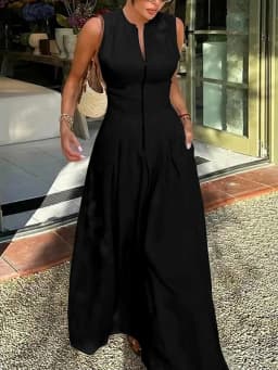 UOOZEE Office Lady Commute Pleated A-line Dress 2026 New Summer Fashion Solid Color Sleeveless Zipper Evening Maxi Dresses