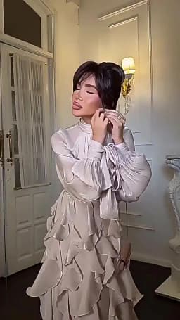 Fashion High Waist Pleat Party Dress Lady Casual High Collar Layered Banquet Dress Elegant Long Sleeve Solid Color Evening Dress