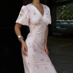 Tornova Floral Print Elegant Long Dress for Women Short Sleeve V Neck Fashion Slim Dress Satin Commuting Banquet Female Dress