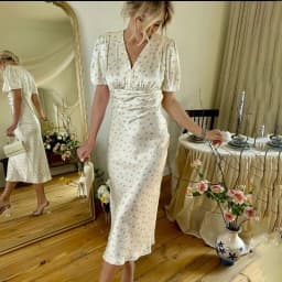 Tornova Floral Print Elegant Long Dress for Women Short Sleeve V Neck Fashion Slim Dress Satin Commuting Banquet Female Dress