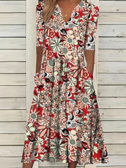 Summer Fashion Vintage Floral Print Boho Party Dresses For Women 2025 Elegant V-Neck Half Sleeve Pockets Beach Long Dress Robe
