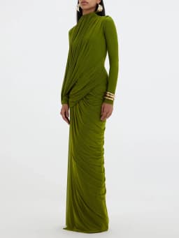 VGH Elegant Vintage Spliced Ribbon Dresses for Women Turtleneck Long Sleeve Irregular Folds Evening Luxurious Maxi Dress Female